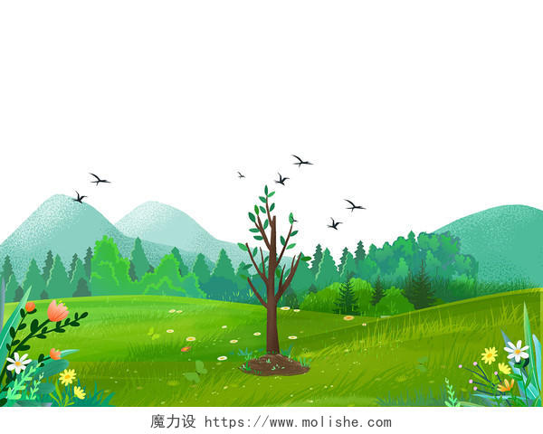 绿色手绘卡通森林树林植树节元素PNG素材